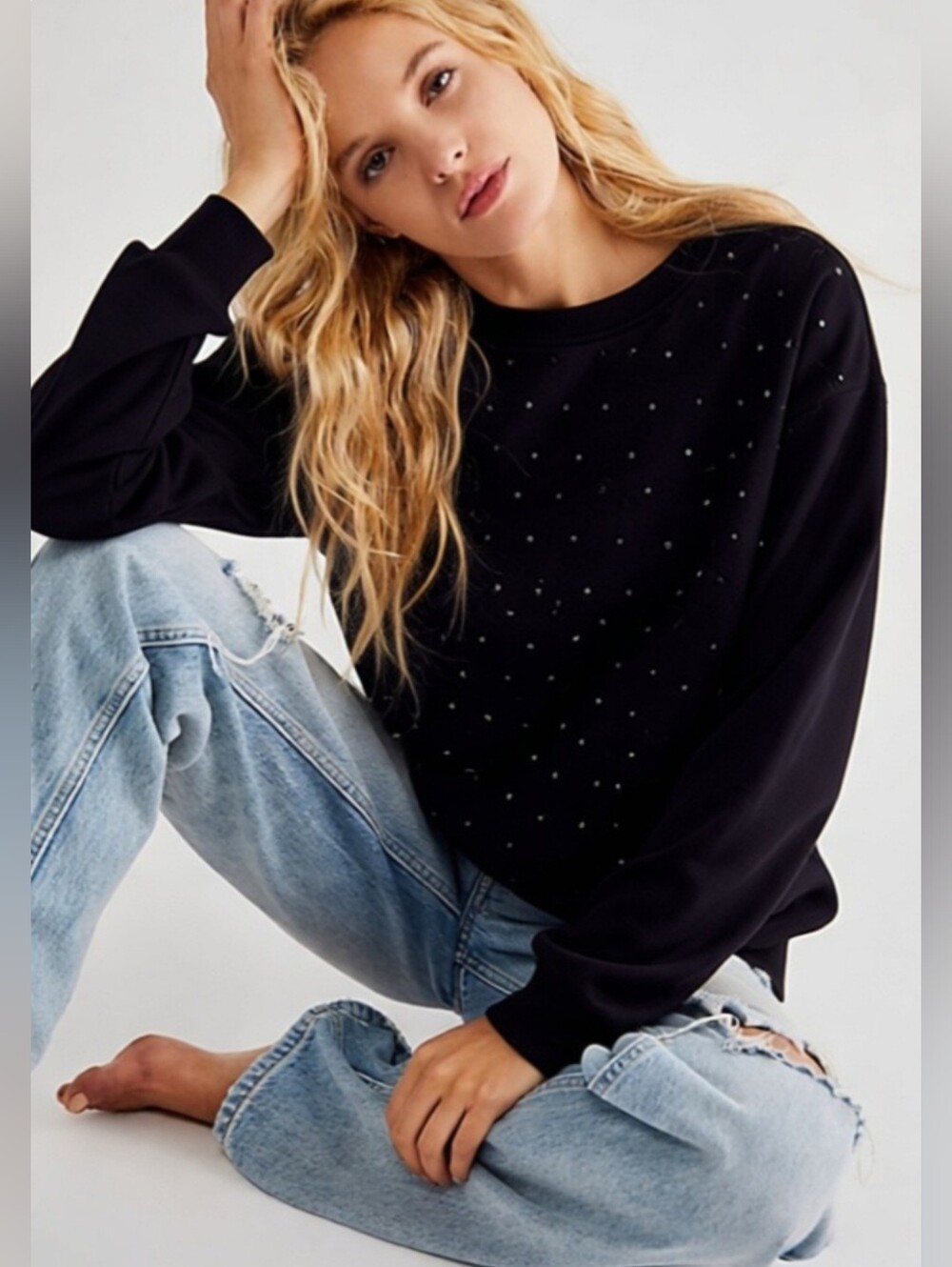 NWT Maurices Edgely Black Crew Neck Sweatshirt With Black Rhinestones